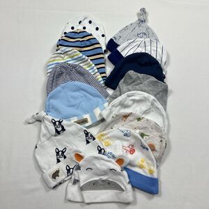 Infant Baby Boy Beanie Hat LOT 0-3 0-6 3-6 6 Months Blue Stripes Print Cotton